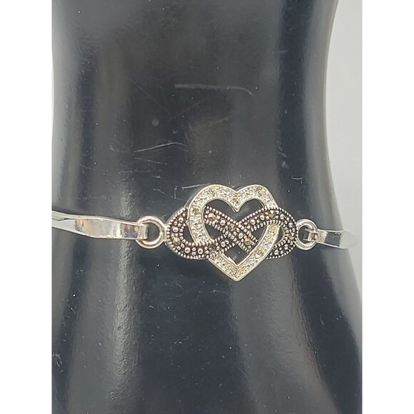 Sterling Silver Cubic Zirconia & Marcasite Heart Infinity Bracelet Tension Hook - Picture 5 of 15